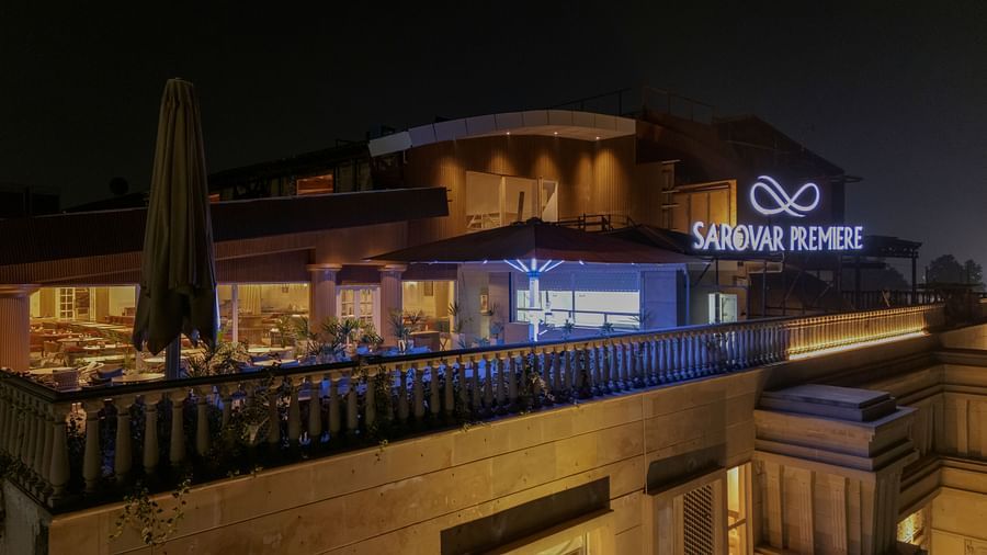 An aerial image of our terrace with a signboard representing the hotel name - Sarovar Premiere, Srinagar